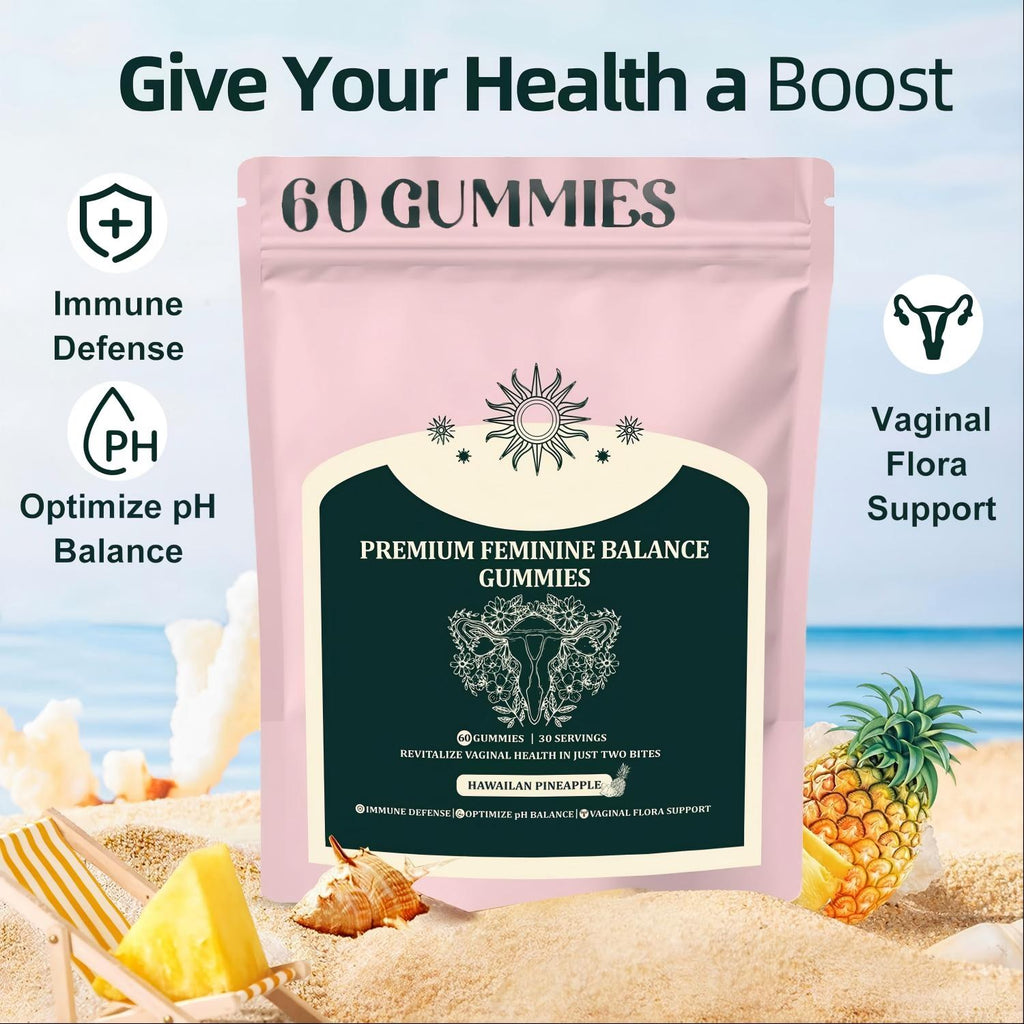 กัมมี่พรีเมียมเพื่อความสมดุลของสตรี รสสับปะรดฮาวาย ช่วยปรับสมดุลค่า pH และเสริมสร้างภูมิคุ้มกัน ปราศจากกลูเตน 60 เม็ด 30 เสิร์ฟ