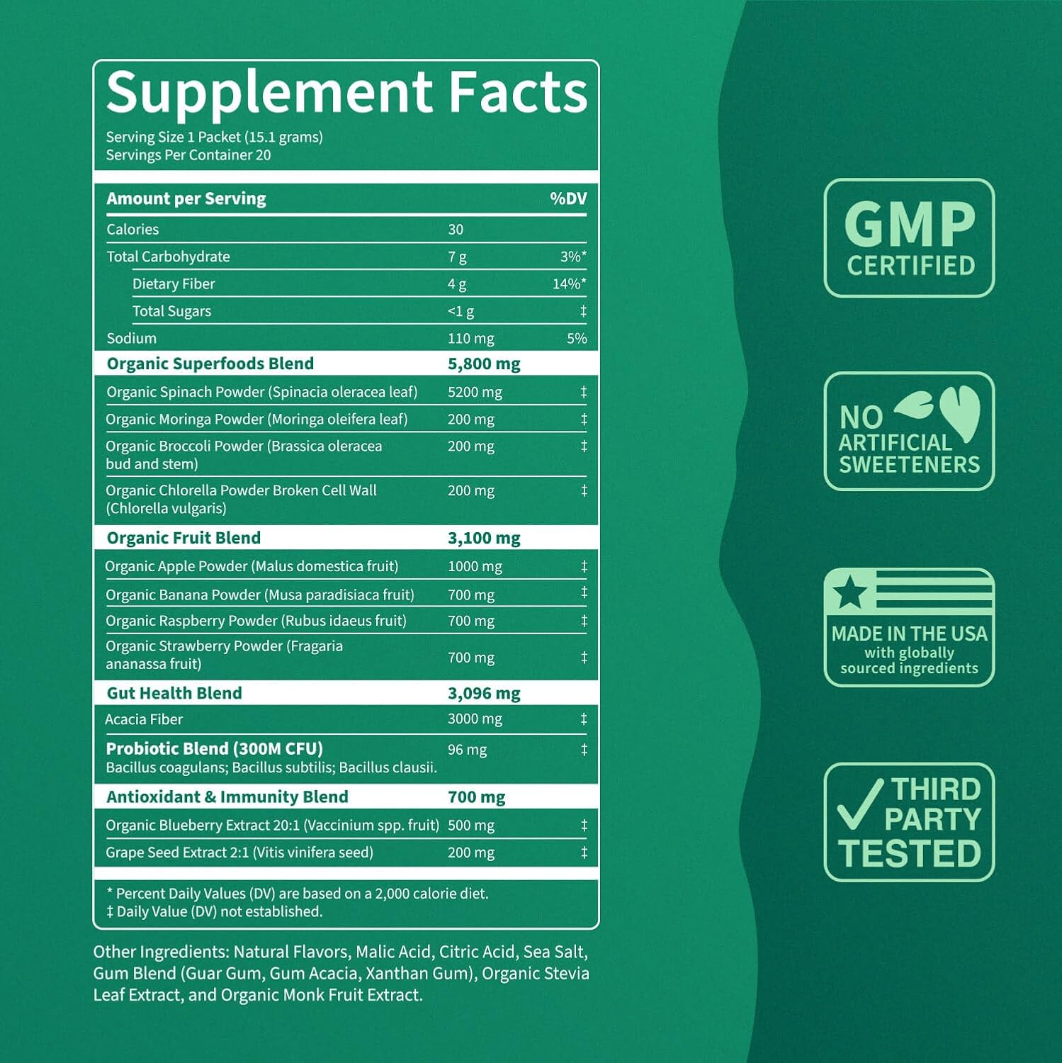 เครื่องดื่มซูเปอร์กรีนส์ ซูเปอร์ฟู้ดผสมคลอเรลลา มอรินกา ผักโขม บรอกโคลี เอนไซม์ช่วยย่อยอาหาร และโปรไบโอติกส์ รสแอปเปิ้ลและลูกแพร์ 20 เสิร์ฟ บรรจุภัณฑ์สำหรับพกพา