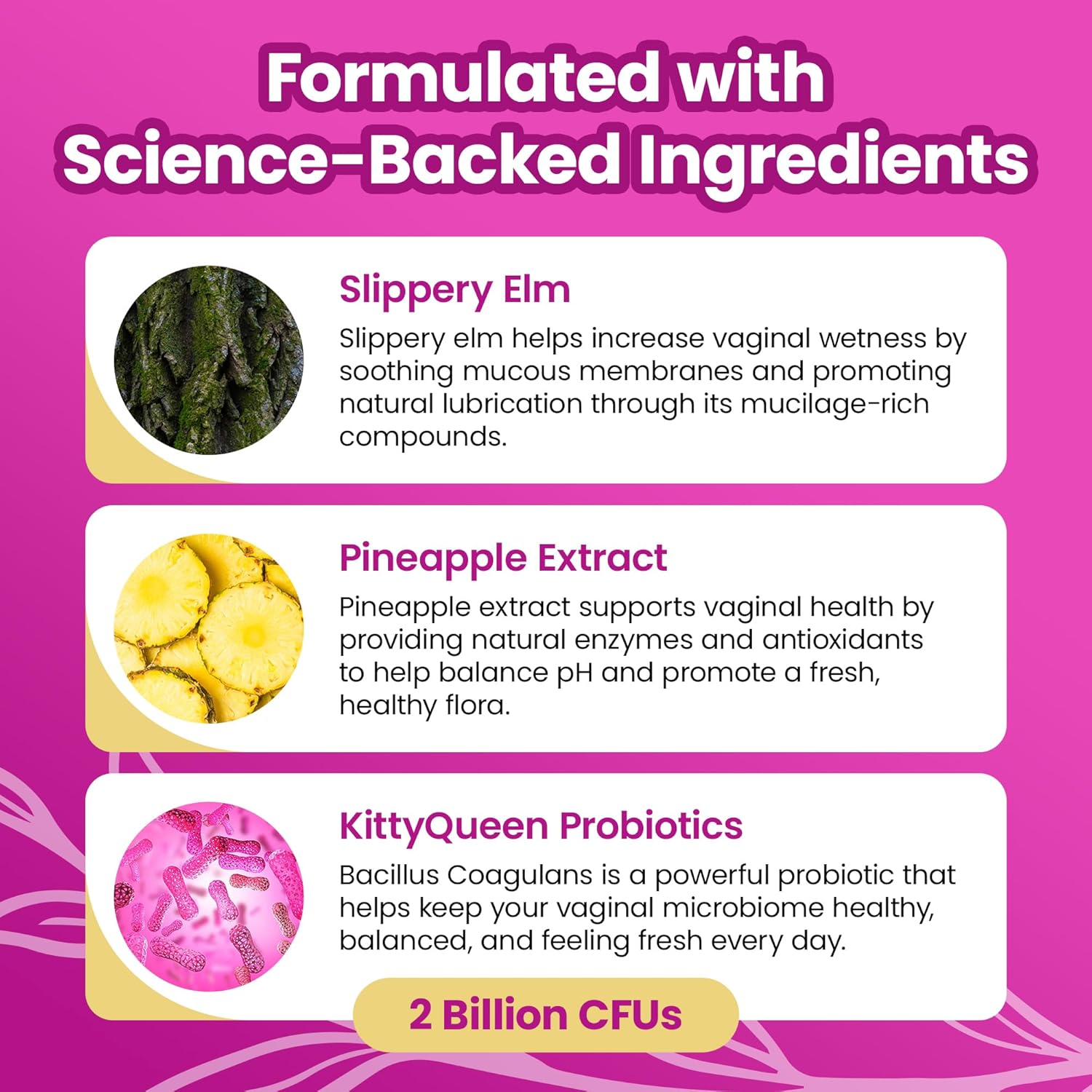 กัมมี่โปรไบโอติกและเพิ่มความชุ่มชื้นสำหรับช่องคลอด รสสับปะรด กัมมี่โปรไบโอติกสำหรับผู้หญิง เพื่อสุขภาพช่องคลอดที่ดี ปรับสมดุลค่า pH ควบคุมกลิ่น เสริมสร้างจุลินทรีย์ที่ดี และเพิ่มความชุ่มชื้น 60 เม็ด