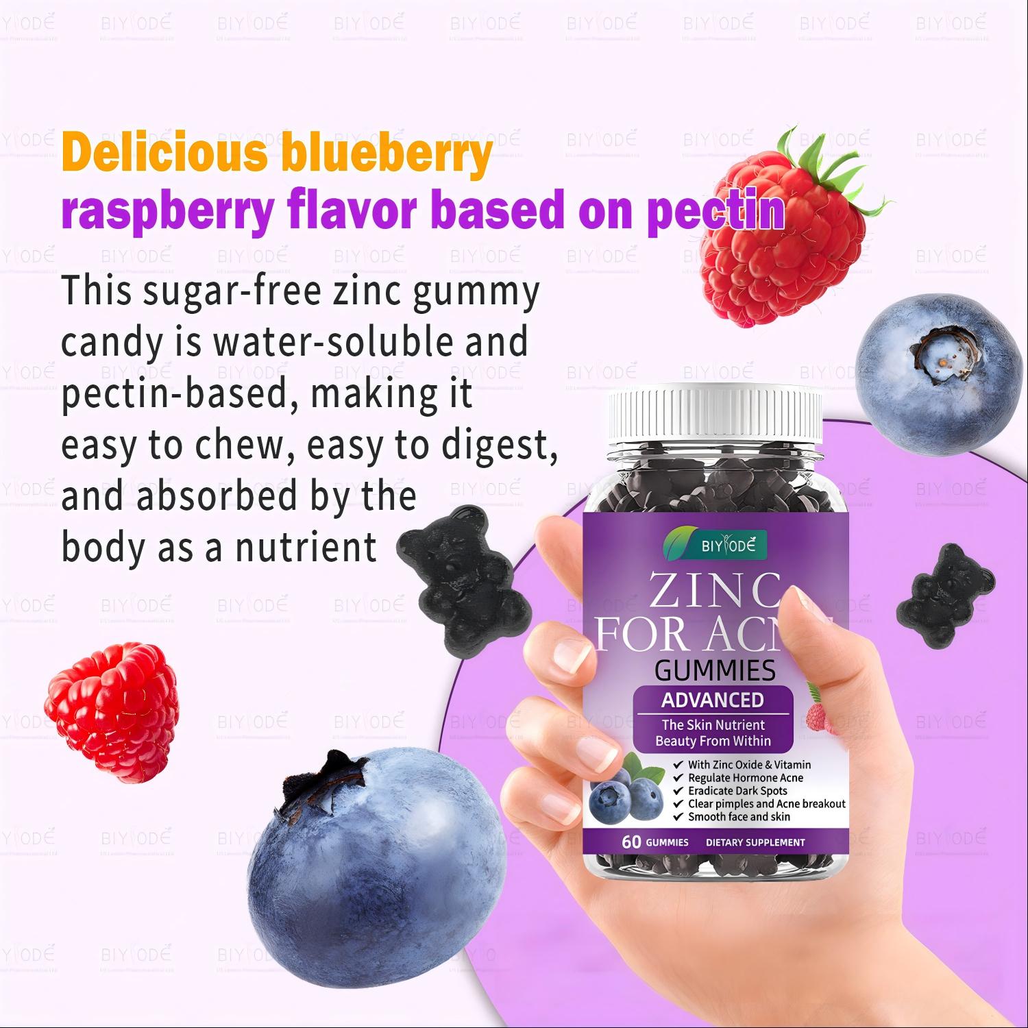 กัมมี่ซิงค์สำหรับรักษาสิว - 60 เม็ด กัมมี่จากเพคติน ปราศจากน้ำตาล มีส่วนผสมของซิงค์ออกไซด์และวิตามิน รสบลูเบอร์รี่ราสเบอร์รี่ - ช่วยลดสิว ปรับสมดุลสิวจากฮอร์โมน ขจัดจุดด่างดำ ทำให้ผิวเรียบเนียน - ผลิตภัณฑ์เสริมอาหารสำหรับผิวที่เป็นสิวง่าย