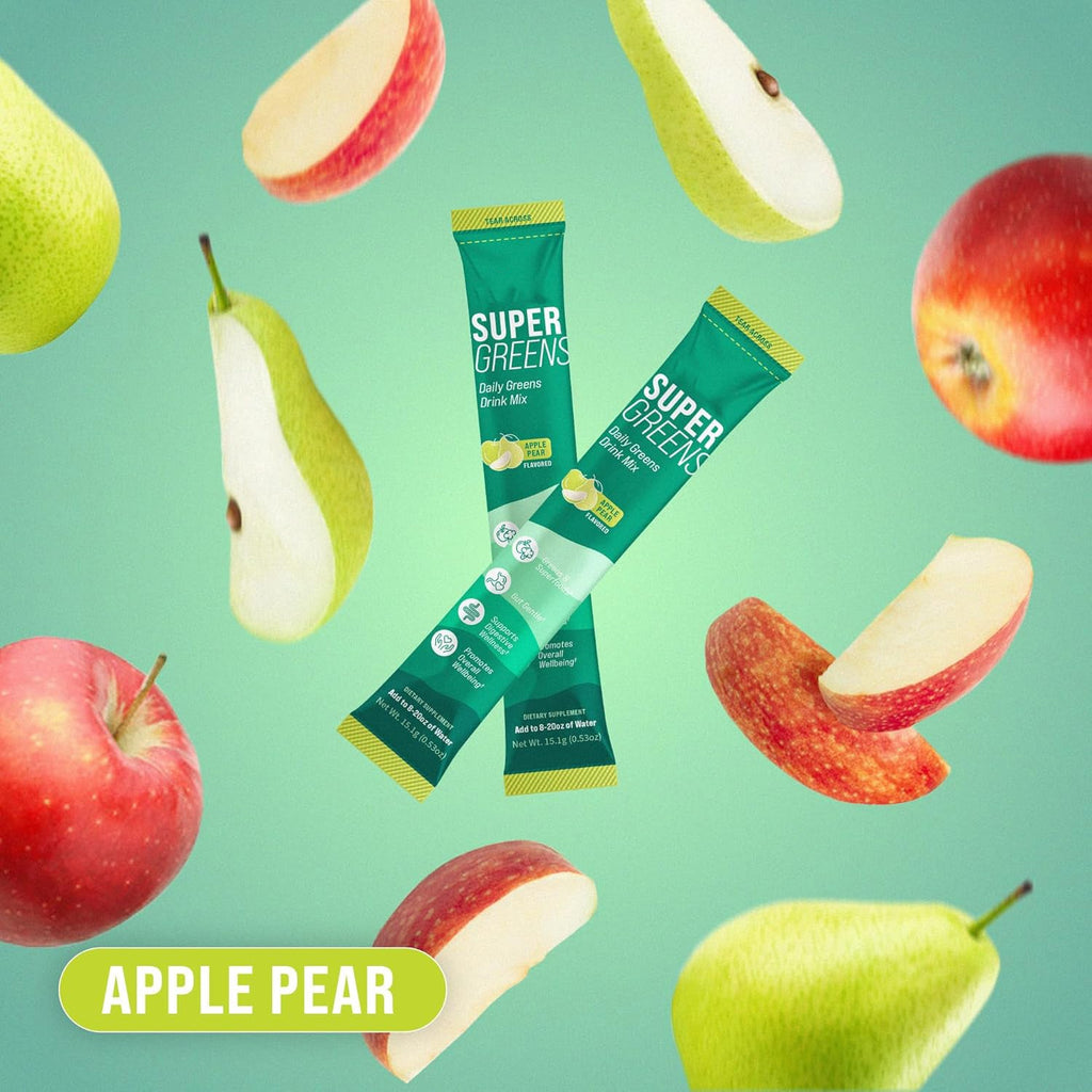 เครื่องดื่มซูเปอร์กรีนส์ ซูเปอร์ฟู้ดผสมคลอเรลลา มอรินกา ผักโขม บรอกโคลี เอนไซม์ช่วยย่อยอาหาร และโปรไบโอติกส์ รสแอปเปิ้ลและลูกแพร์ 20 เสิร์ฟ บรรจุภัณฑ์สำหรับพกพา