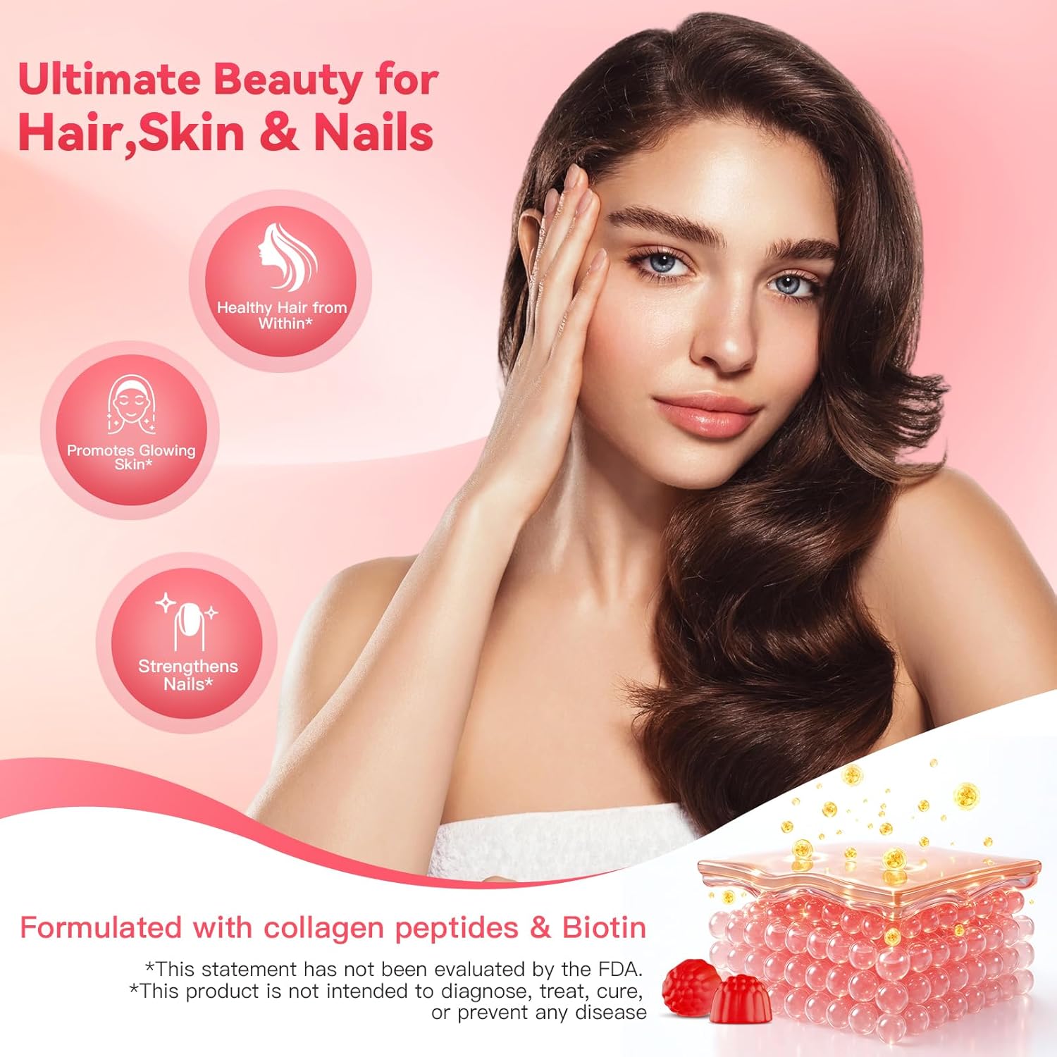 คอลลาเจนกัมมี่ ผสมไบโอติน วิตามินซี และอี เปปไทด์คอลลาเจนไฮโดรไลซ์ สำหรับบำรุงเส้นผม ผิว และเล็บ รสพีช ปราศจากน้ำตาล ปราศจากกลูเตน สำหรับรับประทาน 30 วัน