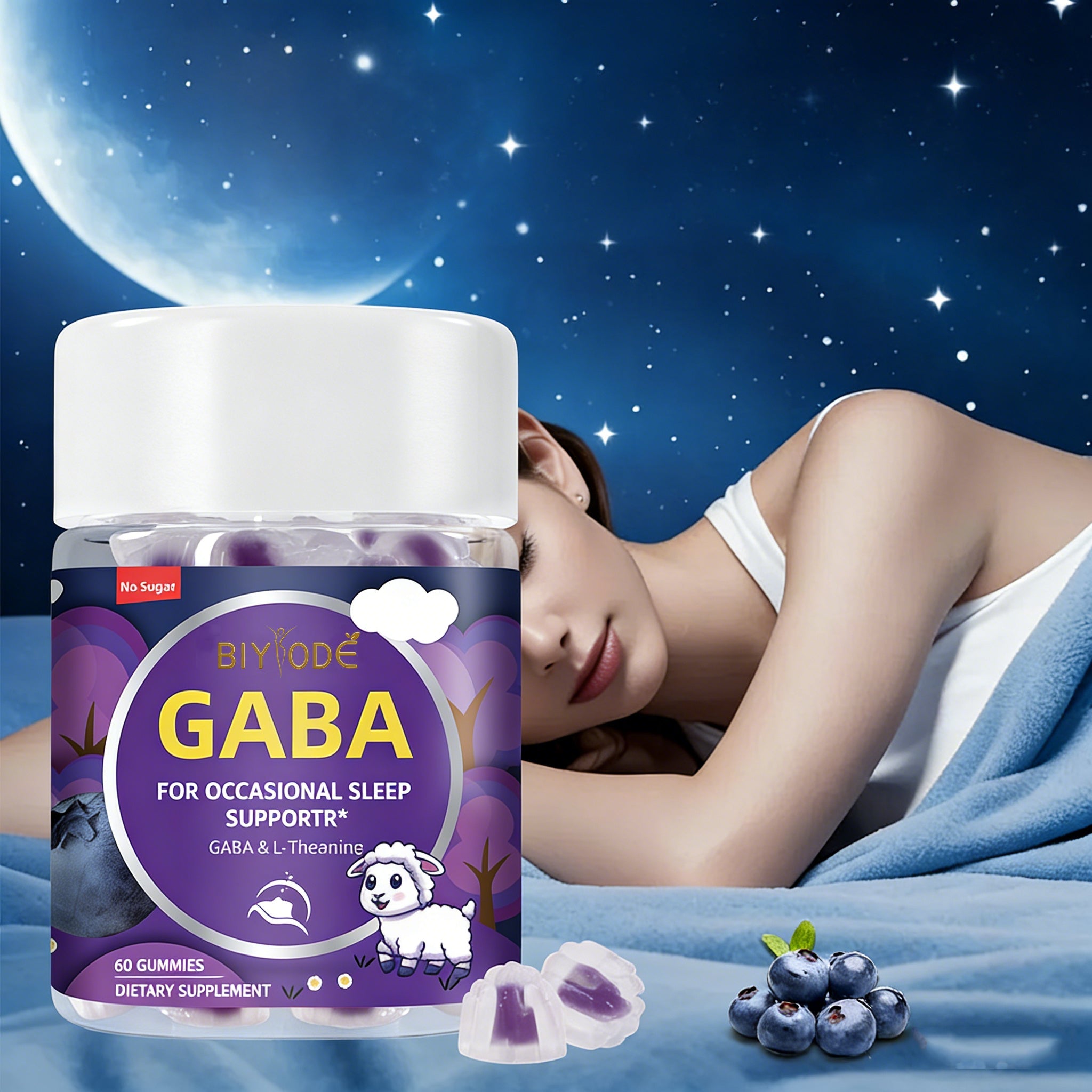 ลูกอมกัมมี่ GABA ช่วยการนอนหลับ ผสมแอล-ธีอะนีน - 60 เม็ด ปราศจากน้ำตาล ปราศจากกลูเตน ผลิตภัณฑ์เสริมอาหารธรรมชาติเพื่อการนอนหลับที่ดีขึ้น ช่วยให้หลับสนิทขึ้น และบรรเทาความเครียด สูตรหมักที่ดูดซึมง่าย