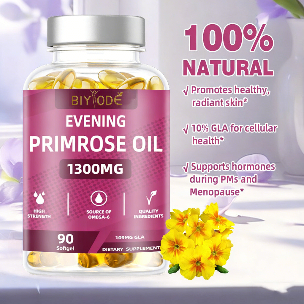 น้ำมันอีฟนิ่งพริมโรส 1300 มก. ซอฟต์เจล - 90 แคปซูล, อาหารเสริมโอเมก้า 6 GLA 109 มก. สำหรับผิวสุขภาพดี, ช่วยปรับสมดุลฮอร์โมน (PMS และวัยหมดประจำเดือน), ปลอดจีเอ็มโอ, ปราศจากกลูเตน, ผ่านการทดสอบจากหน่วยงานภายนอก