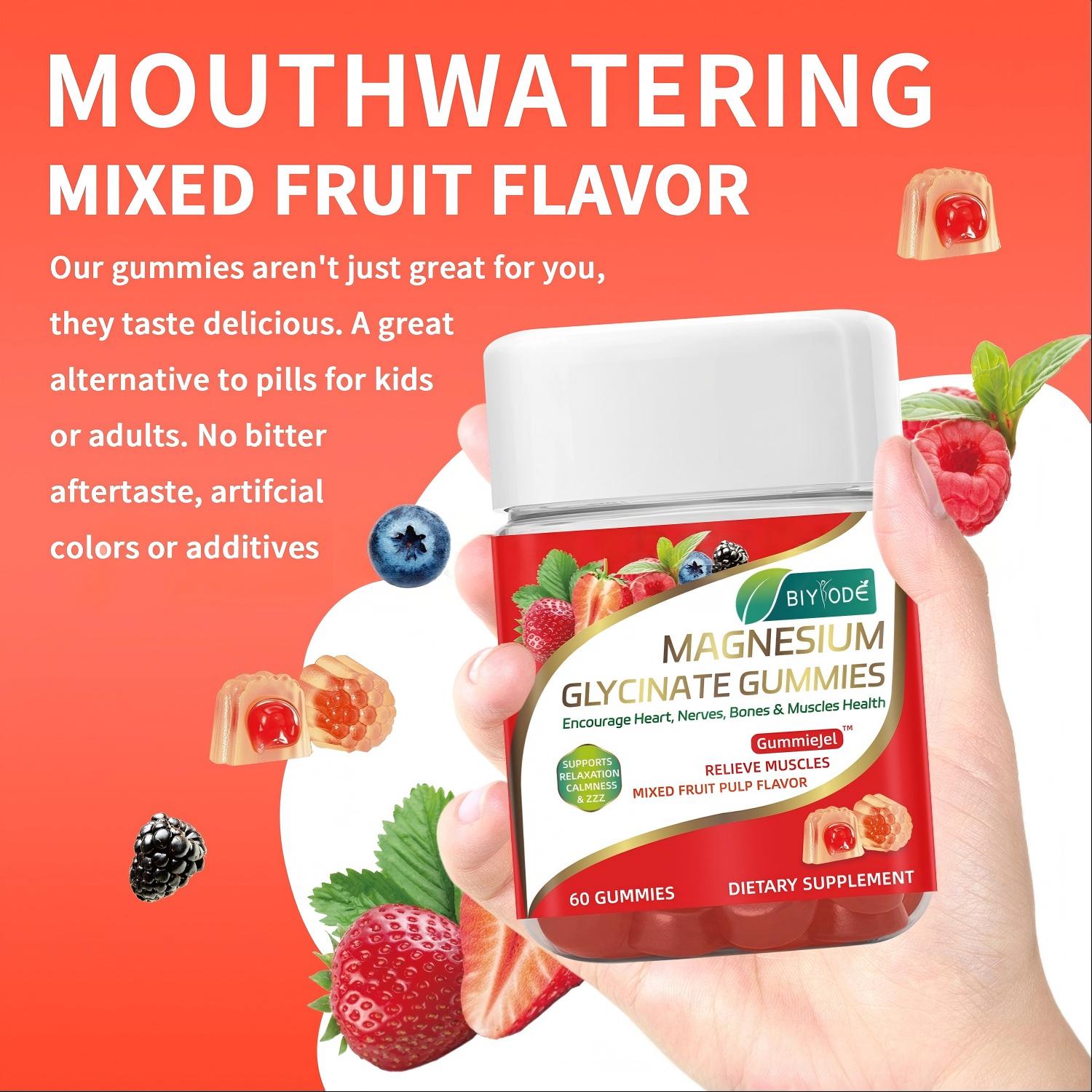 BIYODE แมกนีเซียมไกลซิเนตแบบกัมมี่ 400 มก. ผลิตภัณฑ์เสริมแมกนีเซียมที่ดูดซึมได้ดี ช่วยผ่อนคลาย นอนหลับ บรรเทาความเครียดและความวิตกกังวล บำรุงหัวใจ เส้นประสาท กระดูก และกล้ามเนื้อ รสผลไม้รวม วีแกน 60 เม็ด