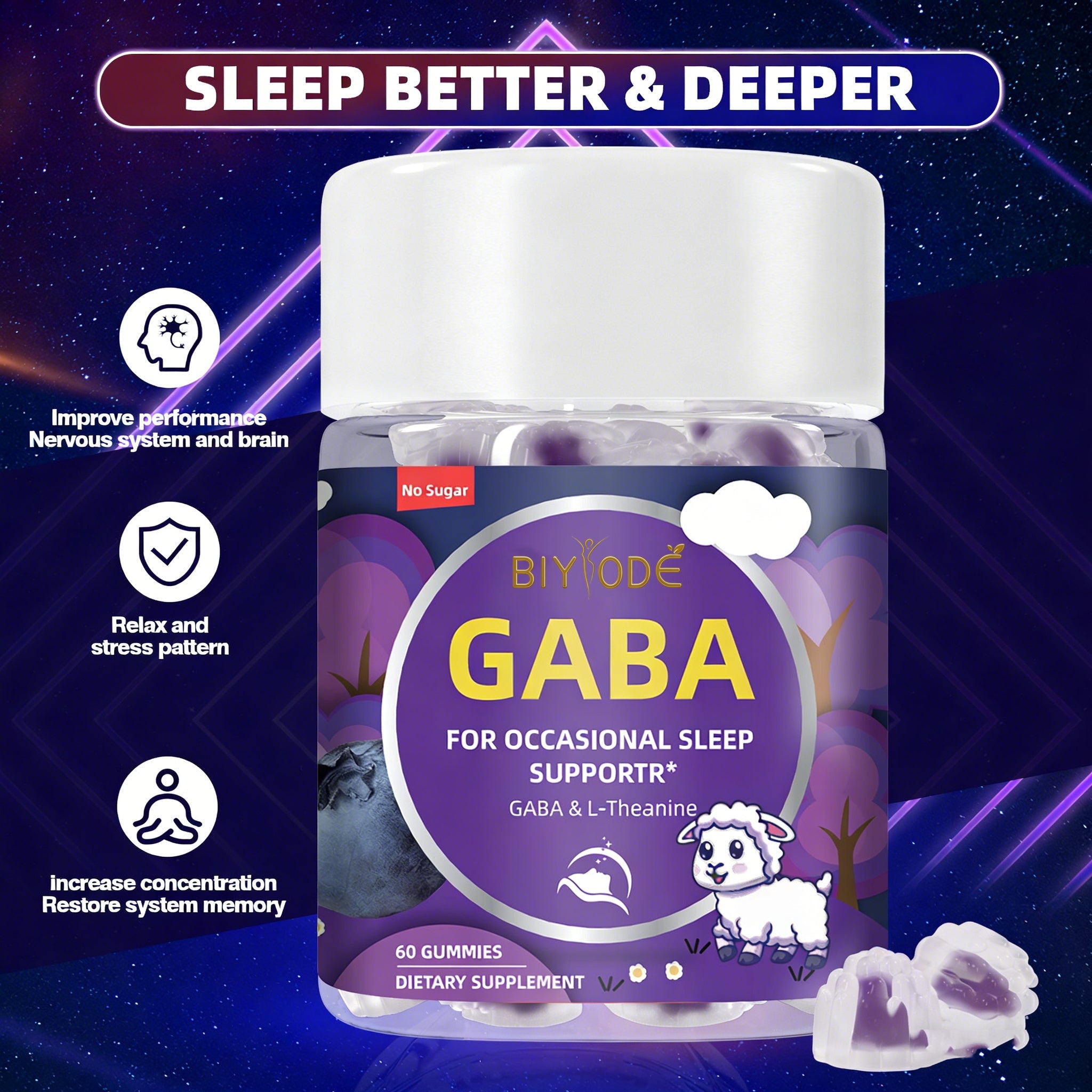 ลูกอมกัมมี่ GABA ช่วยการนอนหลับ ผสมแอล-ธีอะนีน - 60 เม็ด ปราศจากน้ำตาล ปราศจากกลูเตน ผลิตภัณฑ์เสริมอาหารธรรมชาติเพื่อการนอนหลับที่ดีขึ้น ช่วยให้หลับสนิทขึ้น และบรรเทาความเครียด สูตรหมักที่ดูดซึมง่าย