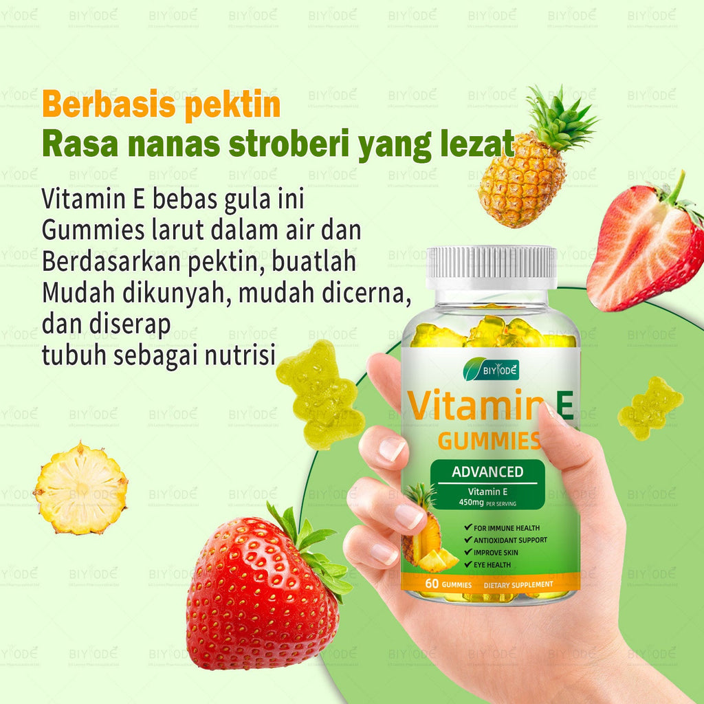 BIYODE วิตามินอีแบบกัมมี่ 450 มก. ผลิตภัณฑ์เสริมวิตามินอีเข้มข้นสูง เพื่อเสริมสร้างภูมิคุ้มกัน ต้านอนุมูลอิสระ บำรุงผิวพรรณและดวงตา ปราศจากน้ำตาล ผลิตจากเพคติน ละลายน้ำได้ รสสับปะรดสตรอว์เบอร์รีแสนอร่อย 60 เม็ด
