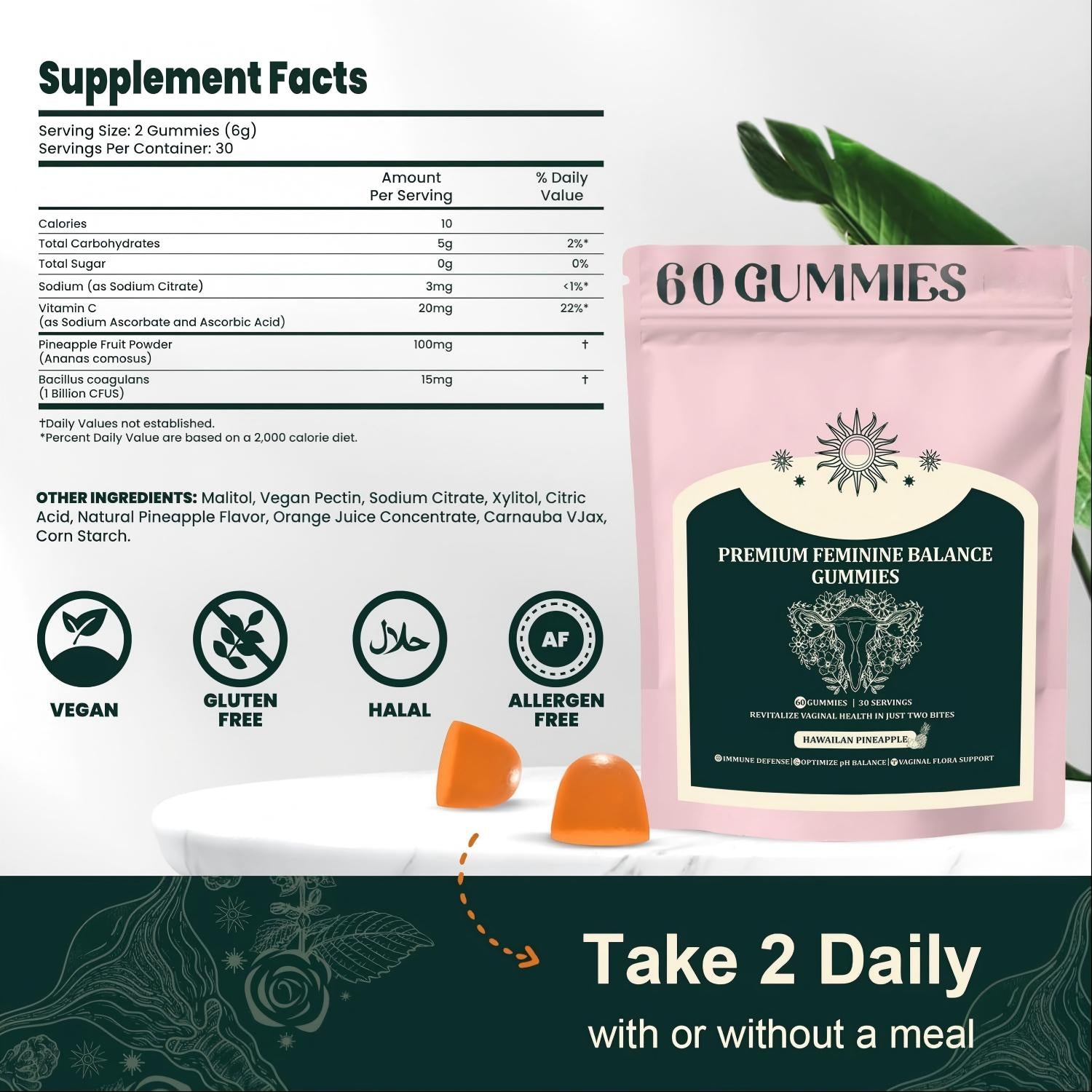 กัมมี่พรีเมียมเพื่อความสมดุลของสตรี รสสับปะรดฮาวาย ช่วยปรับสมดุลค่า pH และเสริมสร้างภูมิคุ้มกัน ปราศจากกลูเตน 60 เม็ด 30 เสิร์ฟ