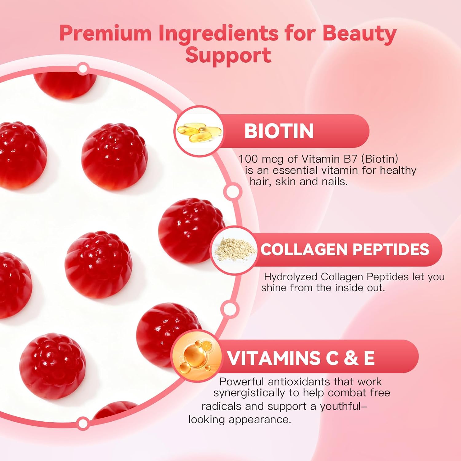 คอลลาเจนกัมมี่ ผสมไบโอติน วิตามินซี และอี เปปไทด์คอลลาเจนไฮโดรไลซ์ สำหรับบำรุงเส้นผม ผิว และเล็บ รสพีช ปราศจากน้ำตาล ปราศจากกลูเตน สำหรับรับประทาน 30 วัน