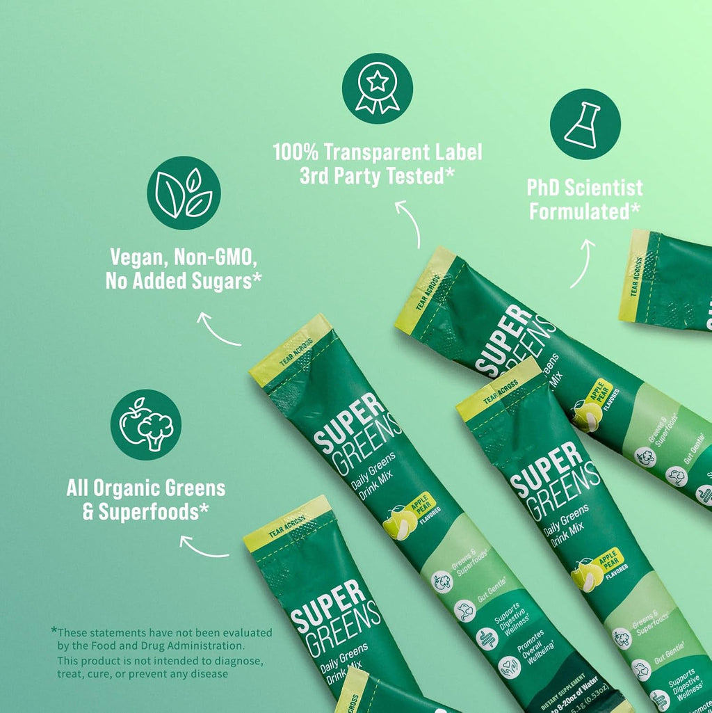 เครื่องดื่มซูเปอร์กรีนส์ ซูเปอร์ฟู้ดผสมคลอเรลลา มอรินกา ผักโขม บรอกโคลี เอนไซม์ช่วยย่อยอาหาร และโปรไบโอติกส์ รสแอปเปิ้ลและลูกแพร์ 20 เสิร์ฟ บรรจุภัณฑ์สำหรับพกพา