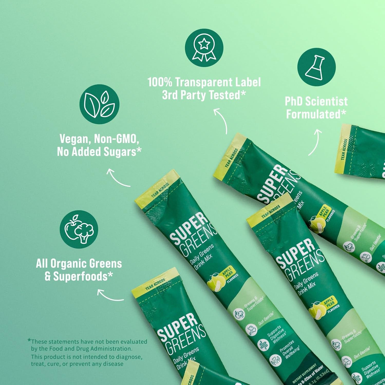 เครื่องดื่มซูเปอร์กรีนส์ ซูเปอร์ฟู้ดผสมคลอเรลลา มอรินกา ผักโขม บรอกโคลี เอนไซม์ช่วยย่อยอาหาร และโปรไบโอติกส์ รสแอปเปิ้ลและลูกแพร์ 20 เสิร์ฟ บรรจุภัณฑ์สำหรับพกพา