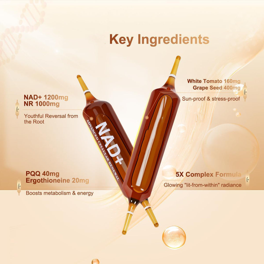 ผลิตภัณฑ์เสริมอาหารชนิดน้ำ NAD+ 1200 มก. ผสมนิโคตินาไมด์ไรโบไซด์, PQQ และสารสกัดจากเมล็ดองุ่น เพื่อเพิ่มพลังชีวิตของเซลล์ กระตุ้นการเผาผลาญพลังงาน และต้านอนุมูลอิสระ – 10 ขวด