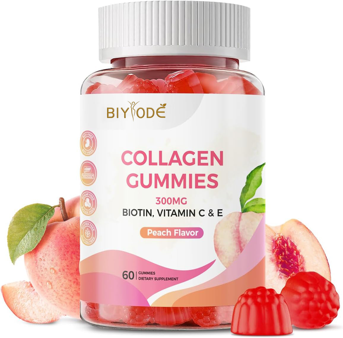 คอลลาเจนกัมมี่ ผสมไบโอติน วิตามินซี และอี เปปไทด์คอลลาเจนไฮโดรไลซ์ สำหรับบำรุงเส้นผม ผิว และเล็บ รสพีช ปราศจากน้ำตาล ปราศจากกลูเตน สำหรับรับประทาน 30 วัน