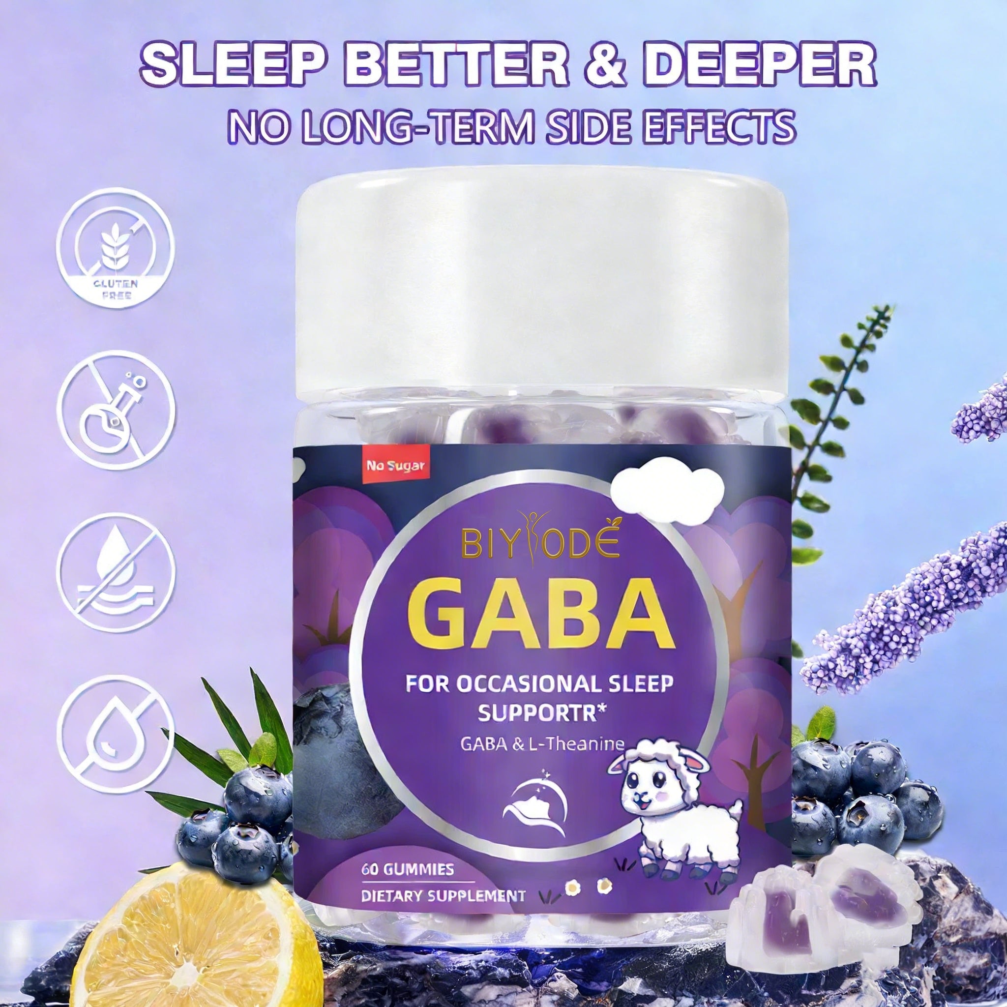 ลูกอมกัมมี่ GABA ช่วยการนอนหลับ ผสมแอล-ธีอะนีน - 60 เม็ด ปราศจากน้ำตาล ปราศจากกลูเตน ผลิตภัณฑ์เสริมอาหารธรรมชาติเพื่อการนอนหลับที่ดีขึ้น ช่วยให้หลับสนิทขึ้น และบรรเทาความเครียด สูตรหมักที่ดูดซึมง่าย