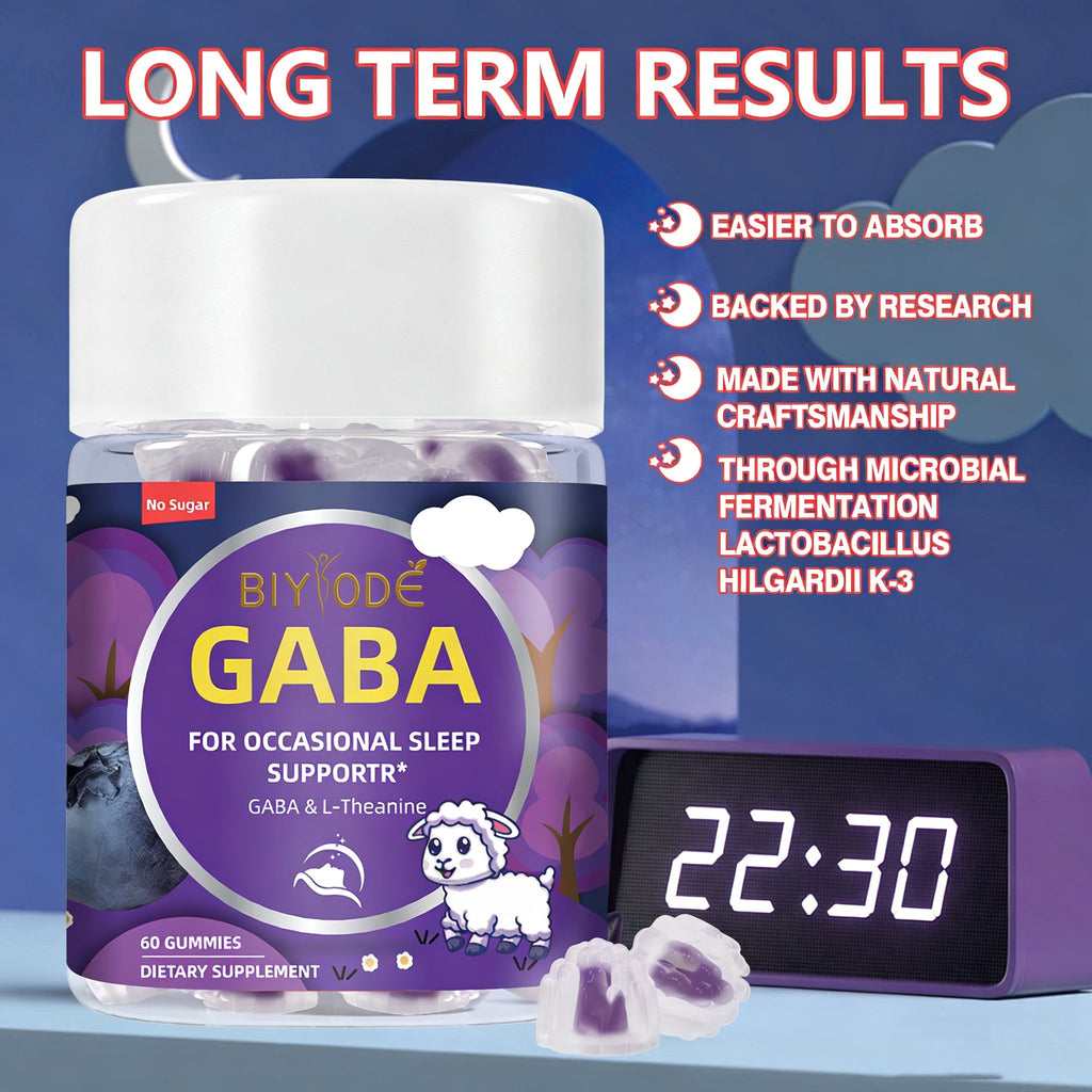 ลูกอมกัมมี่ GABA ช่วยการนอนหลับ ผสมแอล-ธีอะนีน - 60 เม็ด ปราศจากน้ำตาล ปราศจากกลูเตน ผลิตภัณฑ์เสริมอาหารธรรมชาติเพื่อการนอนหลับที่ดีขึ้น ช่วยให้หลับสนิทขึ้น และบรรเทาความเครียด สูตรหมักที่ดูดซึมง่าย