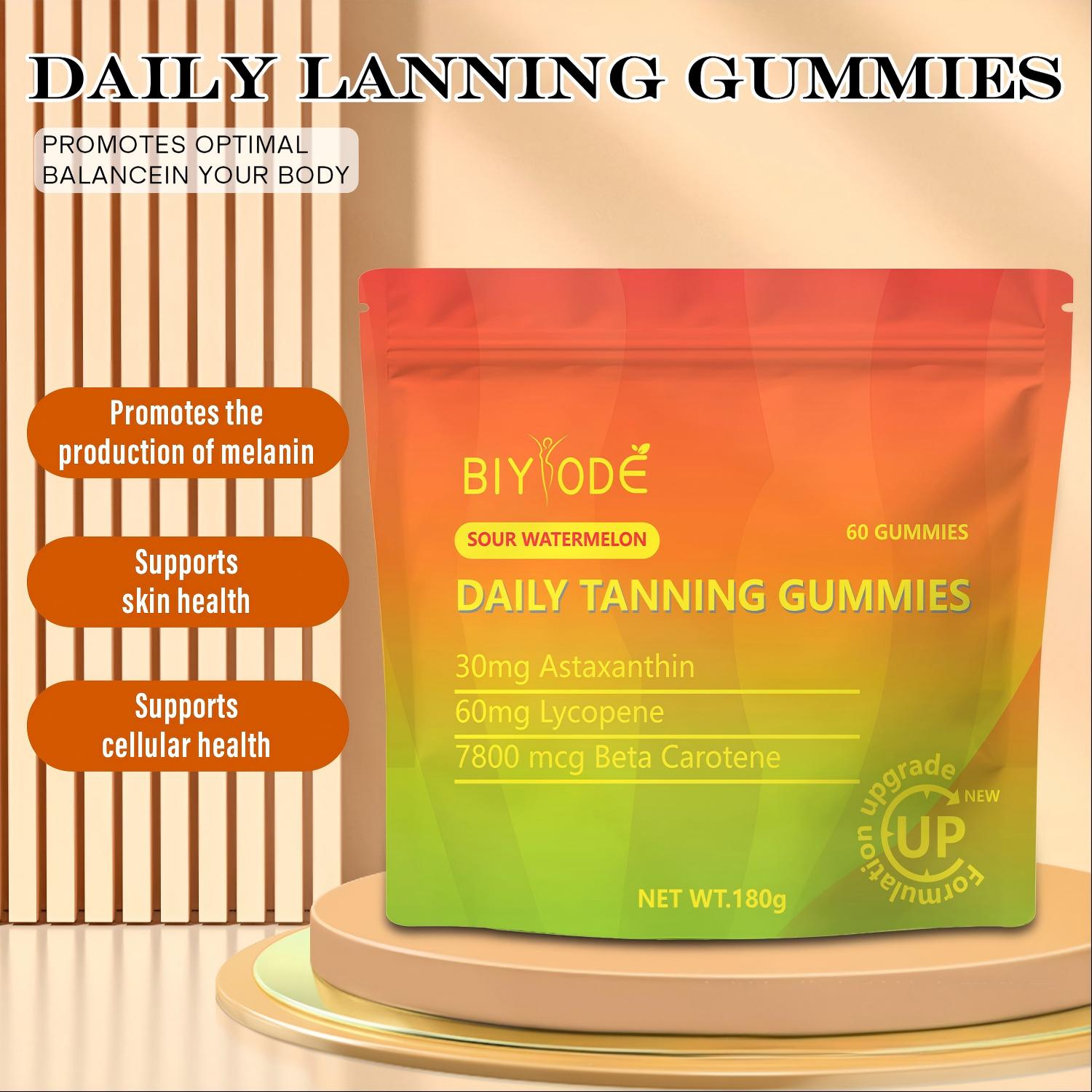 BIYODE ลูกอมกัมมี่รสแตงโมเปรี้ยว ช่วยให้ผิวแทนสวยทุกวัน ผสมแอสตาแซนธิน ไลโคปีน และเบต้าแคโรทีน - 60 เม็ด ผลิตภัณฑ์เสริมอาหารกระตุ้นการสร้างเมลานินเพื่อผิวเปล่งปลั่งอย่างเป็นธรรมชาติ บำรุงสุขภาพผิว วีแกน ไม่เติมน้ำตาล 180 กรัม