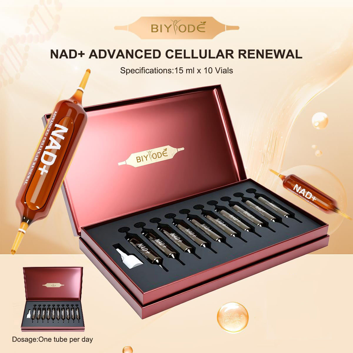 ผลิตภัณฑ์เสริมอาหารชนิดน้ำ NAD+ 1200 มก. ผสมนิโคตินาไมด์ไรโบไซด์, PQQ และสารสกัดจากเมล็ดองุ่น เพื่อเพิ่มพลังชีวิตของเซลล์ กระตุ้นการเผาผลาญพลังงาน และต้านอนุมูลอิสระ – 10 ขวด