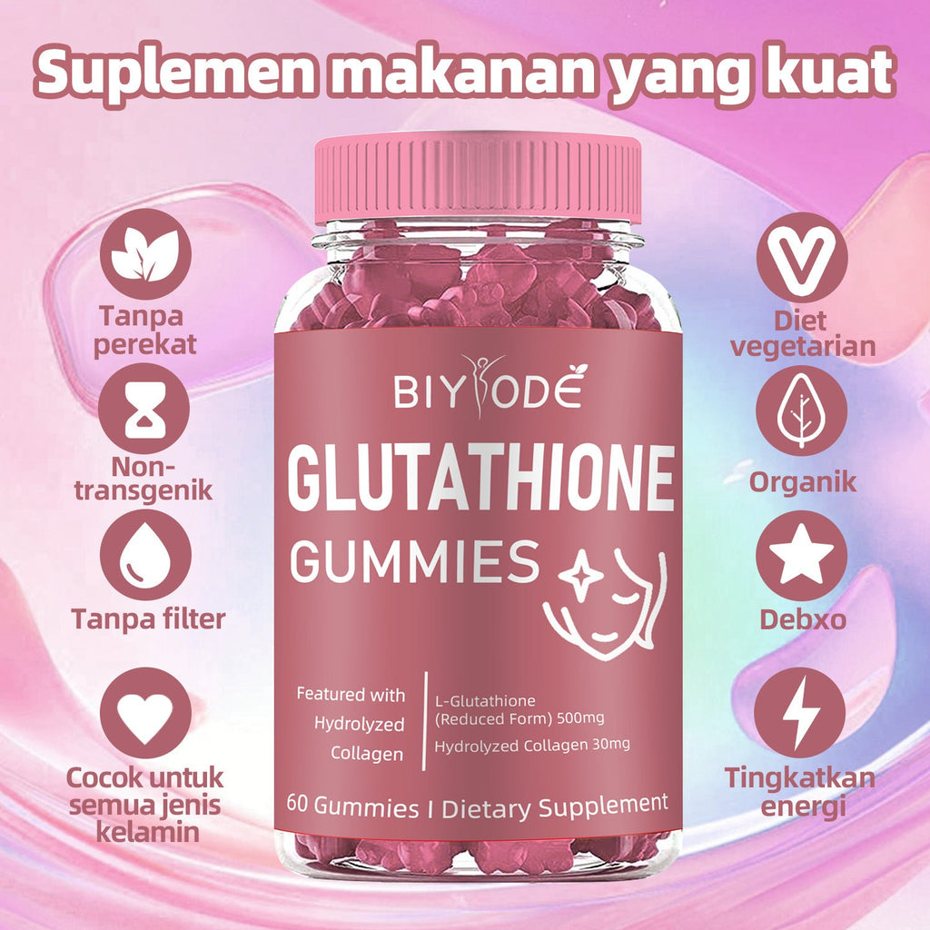 BIYODE กลูตาไธโอนกัมมี่ 500 มก. ผสมคอลลาเจนไฮโดรไลซ์ 60 เม็ด ผลิตภัณฑ์เสริมอาหารเพื่อผิวขาวกระจ่างใสและต่อต้านริ้วรอยประสิทธิภาพสูง สารต้านอนุมูลอิสระจากธรรมชาติ ช่วยลดฝ้า กระ และริ้วรอย ปราศจากน้ำตาล ปราศจากกลูเตน วีแกน 60 เม็ด