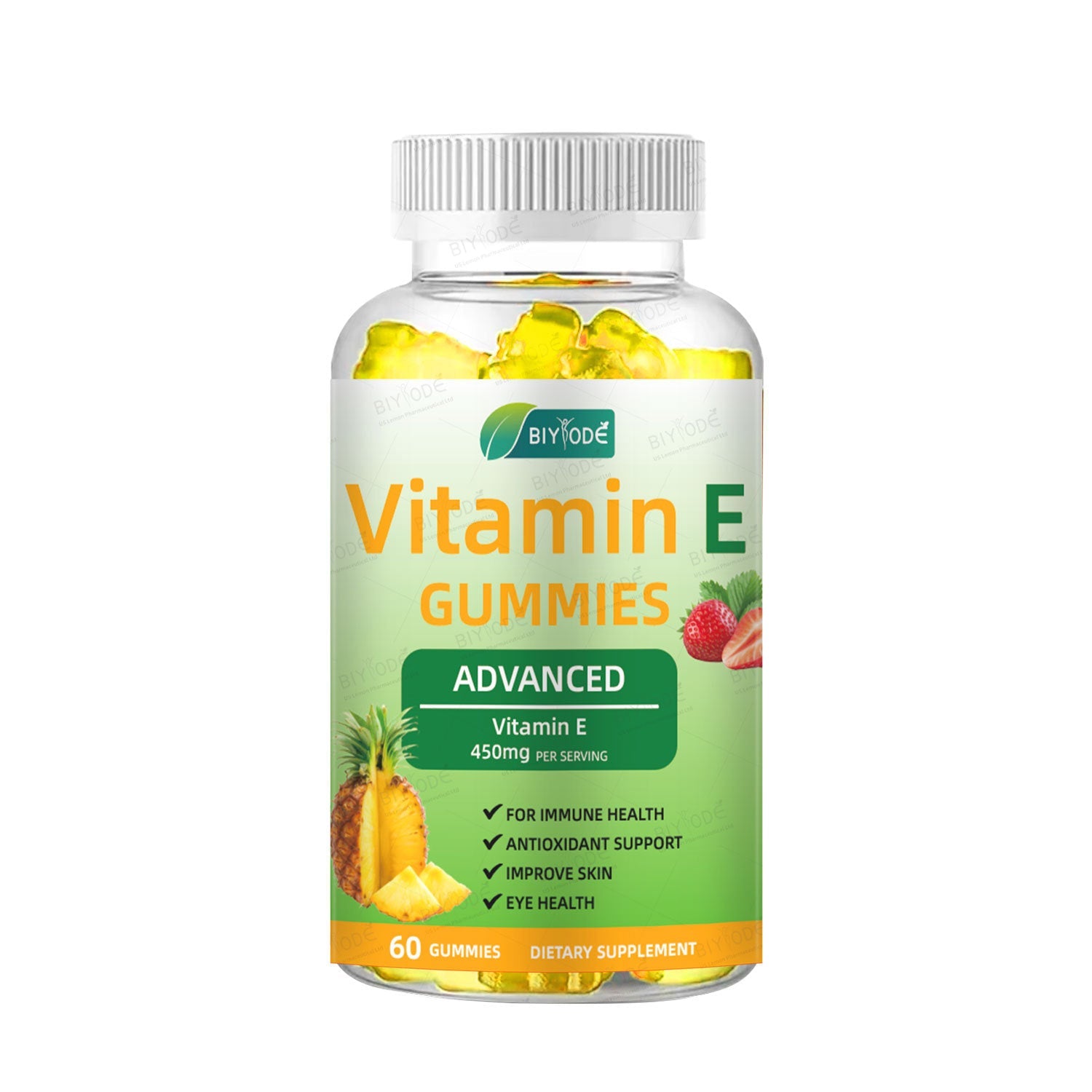 BIYODE วิตามินอีแบบกัมมี่ 450 มก. ผลิตภัณฑ์เสริมวิตามินอีเข้มข้นสูง เพื่อเสริมสร้างภูมิคุ้มกัน ต้านอนุมูลอิสระ บำรุงผิวพรรณและดวงตา ปราศจากน้ำตาล ผลิตจากเพคติน ละลายน้ำได้ รสสับปะรดสตรอว์เบอร์รีแสนอร่อย 60 เม็ด