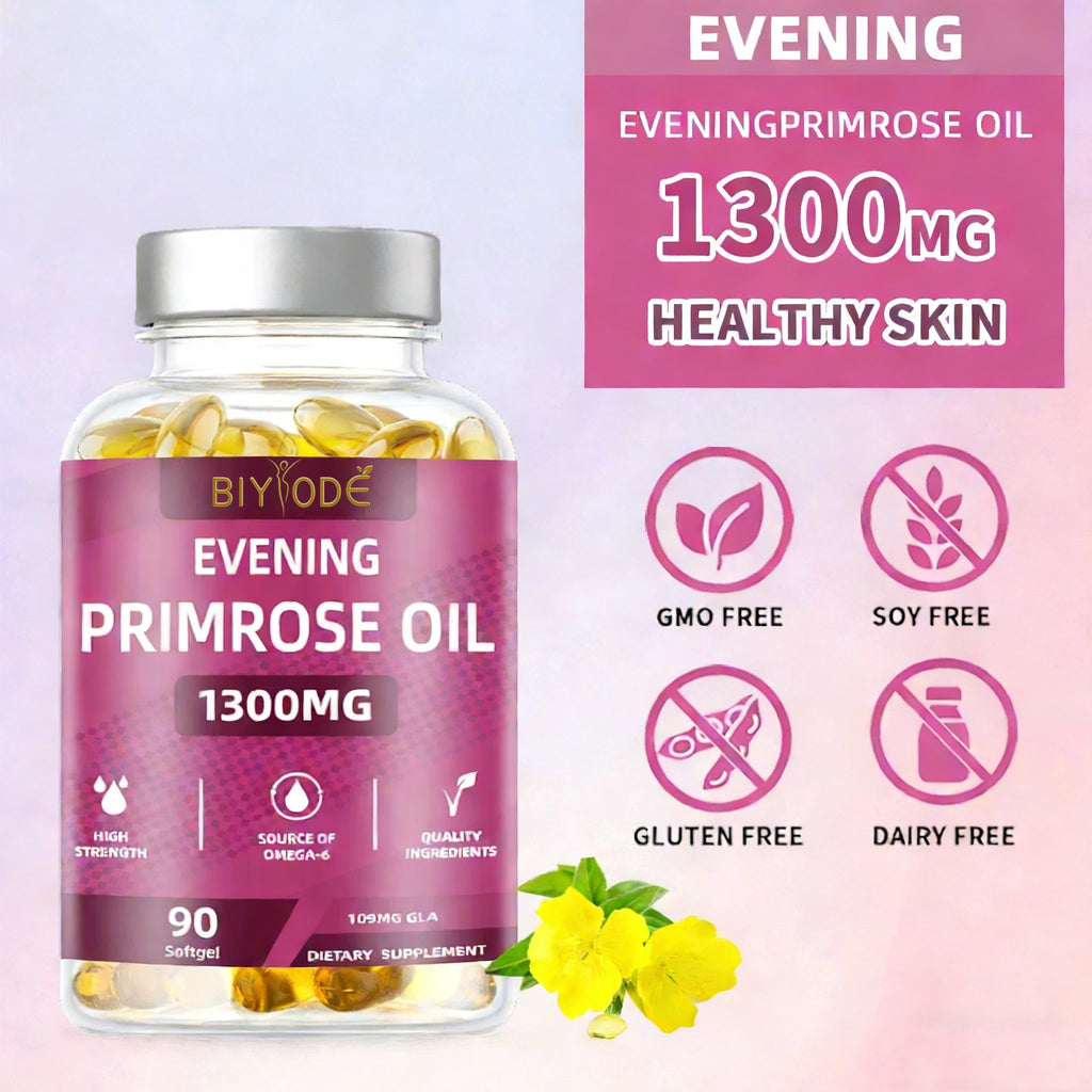 น้ำมันอีฟนิ่งพริมโรส 1300 มก. ซอฟต์เจล - 90 แคปซูล, อาหารเสริมโอเมก้า 6 GLA 109 มก. สำหรับผิวสุขภาพดี, ช่วยปรับสมดุลฮอร์โมน (PMS และวัยหมดประจำเดือน), ปลอดจีเอ็มโอ, ปราศจากกลูเตน, ผ่านการทดสอบจากหน่วยงานภายนอก