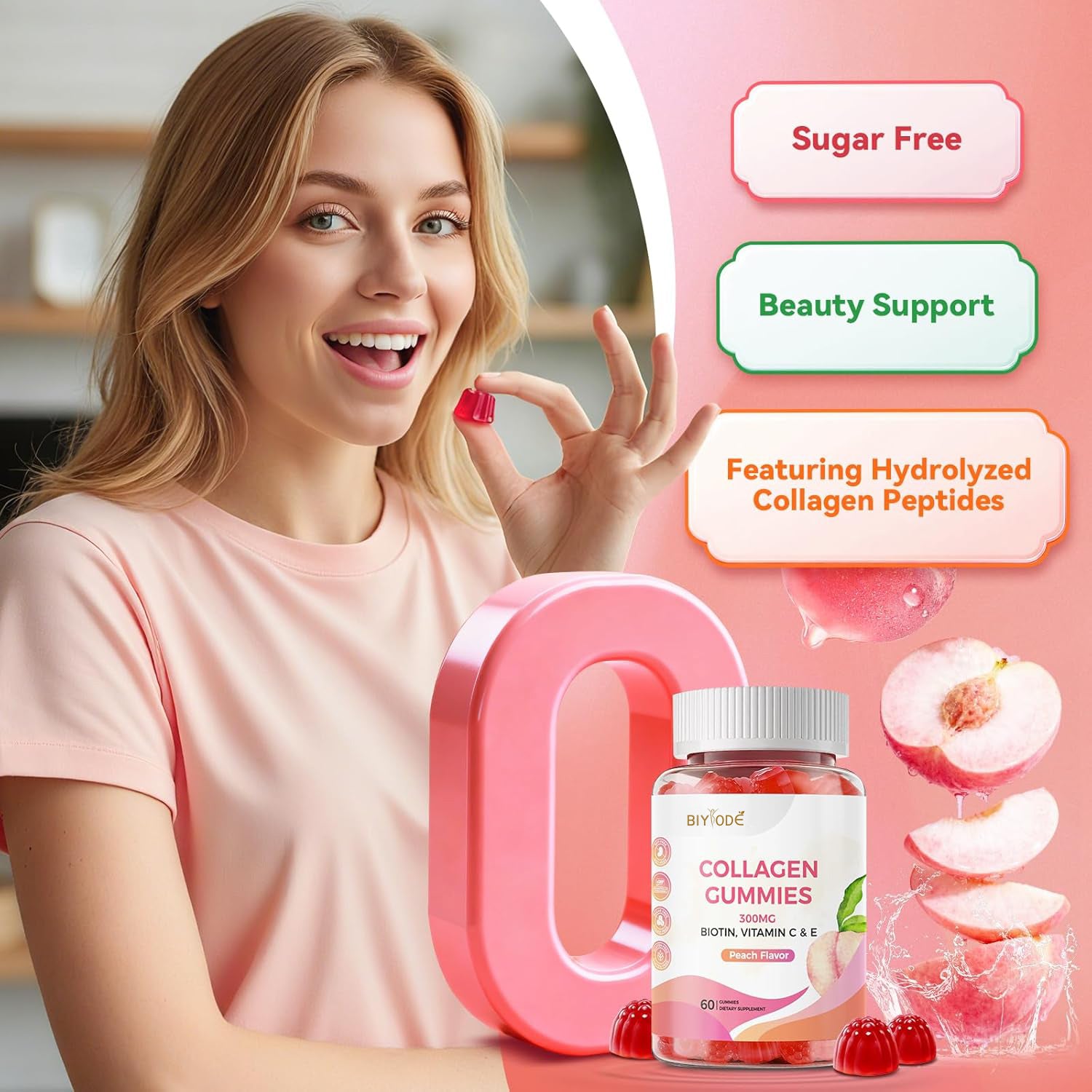 คอลลาเจนกัมมี่ ผสมไบโอติน วิตามินซี และอี เปปไทด์คอลลาเจนไฮโดรไลซ์ สำหรับบำรุงเส้นผม ผิว และเล็บ รสพีช ปราศจากน้ำตาล ปราศจากกลูเตน สำหรับรับประทาน 30 วัน