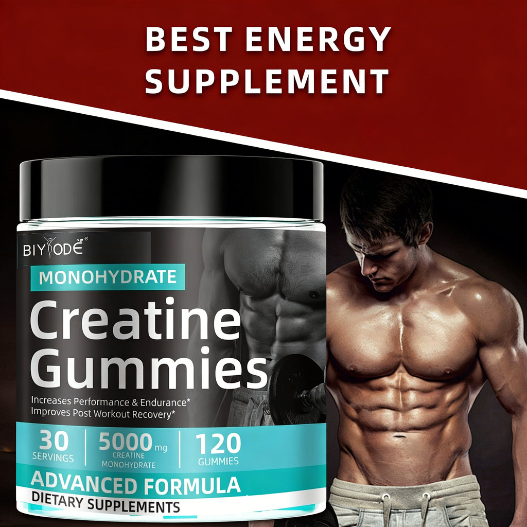 ครีเอทีนโมโนไฮเดรตแบบกัมมี่ - 5000 มก. ต่อหนึ่งหน่วยบริโภค 120 เม็ด (30 หน่วยบริโภค) ผลิตภัณฑ์เสริมอาหารครีเอทีนสำหรับผู้ชายและผู้หญิง ช่วยเพิ่มประสิทธิภาพการออกกำลังกาย ความทนทาน และการฟื้นตัวหลังออกกำลังกาย สูตรขั้นสูง ผลิตภัณฑ์เสริมอาหาร