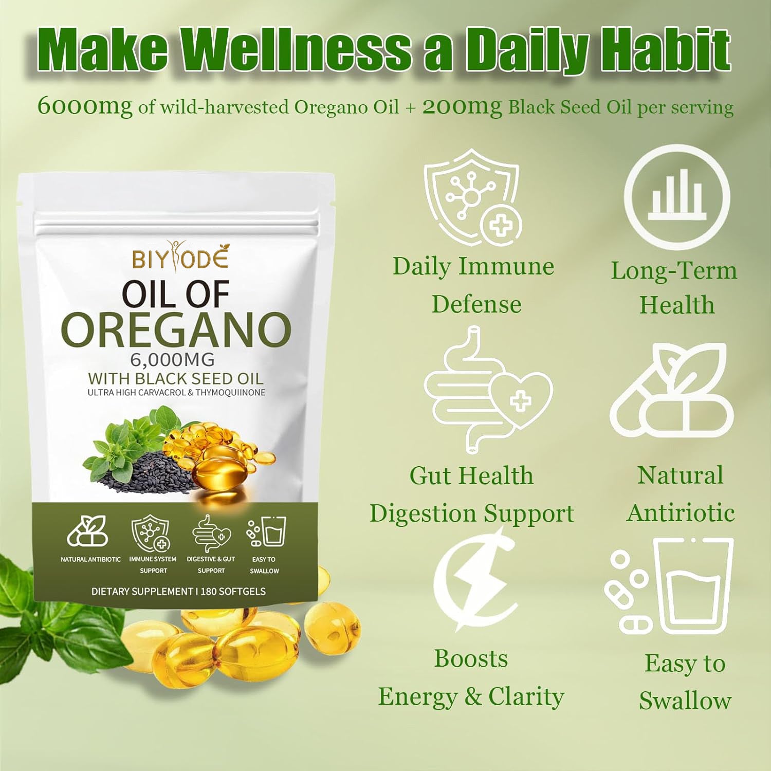 น้ำมันออริกาโนผสมน้ำมันเมล็ดดำ ซอฟต์เจลน้ำมันออริกาโน 6000 มก. ผลิตภัณฑ์เสริมอาหารบริสุทธิ์และจากธรรมชาติ เสริมสร้างภูมิคุ้มกัน | ปรับปรุงสุขภาพลำไส้ | เพิ่มพลังงาน ไม่ใช่จีเอ็มโอ ปราศจากกลูเตน (1)