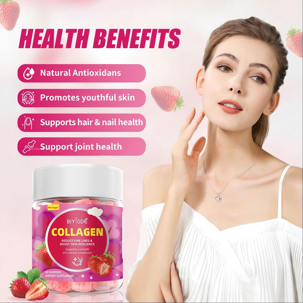 BIYODE คอลลาเจนกัมมี่ 60 เม็ด รสสตรอว์เบอร์รี อาหารเสริมปราศจากน้ำตาล มีคอลลาเจนเปปไทด์จากปลา 100 มก. และวิตามินซี ช่วยให้ผิวชุ่มชื้น ลดริ้วรอยเล็กๆ บำรุงสุขภาพผิว ผม และเล็บ ส่งเสริมการบำรุงข้อต่อ อาหารเสริมสำหรับผู้ทานมังสวิรัติ