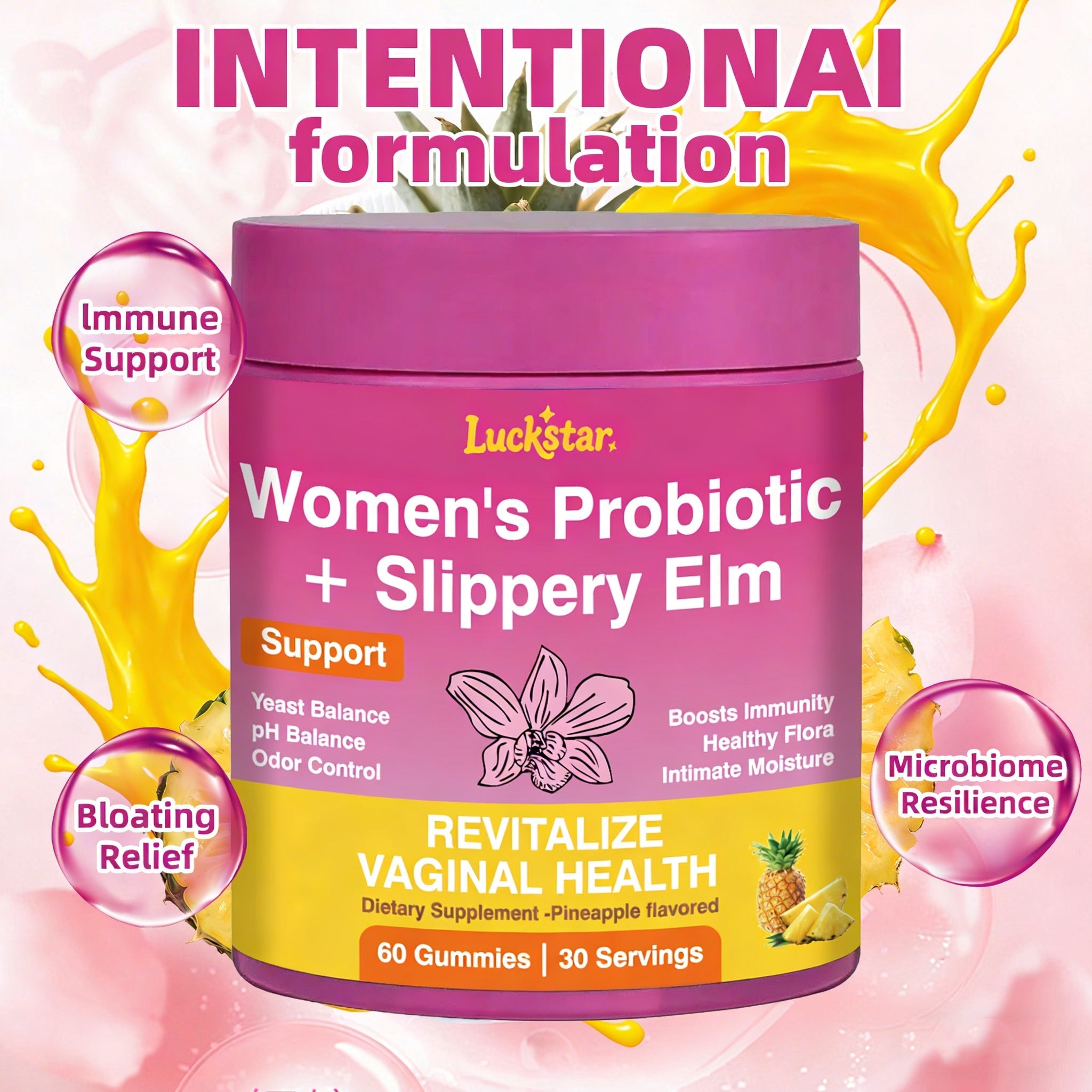 กัมมี่โปรไบโอติกฉ่ำน้ำสำหรับผู้หญิง รสสับปะรด ช่วยปรับสมดุลค่า pH และเสริมสร้างสุขภาพลำไส้ ด้วยสารสกัดจากเปลือกต้นเอล์มลื่น (วีแกน)