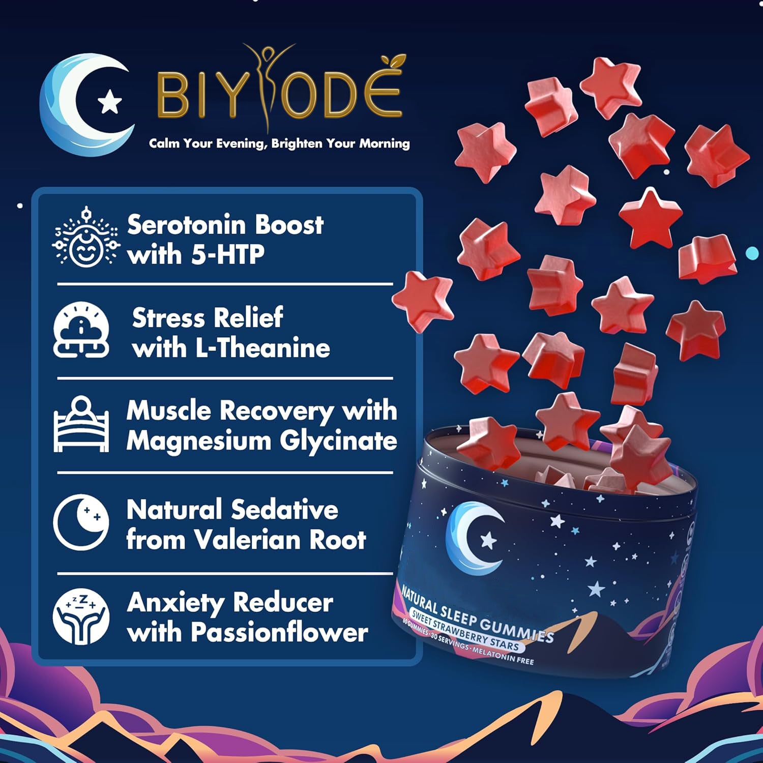 ลูกอมกัมมี่ช่วยนอนหลับจากธรรมชาติ - ผลิตในสหรัฐอเมริกา - มีส่วนผสมของ 5-HTP, แอล-ธีอะนีน, แมกนีเซียม และรากวาเลเรียน - ปราศจากเมลาโทนิน - วีแกน - ฮาลาล - ปราศจากน้ำตาลและกลูเตน - รสสตรอว์เบอร์รีหวาน - 60 เม็ด - 30 หน่วยบริโภค